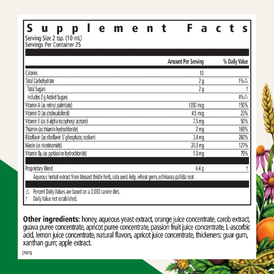Close-up of Floradix Epresat label highlighting vitamins A, D, E and B6