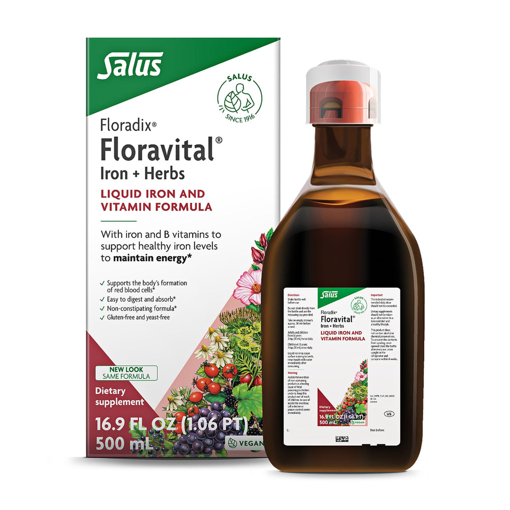 Floradix Floravital bottle front, highlighting vegan liquid iron for daily energy support.