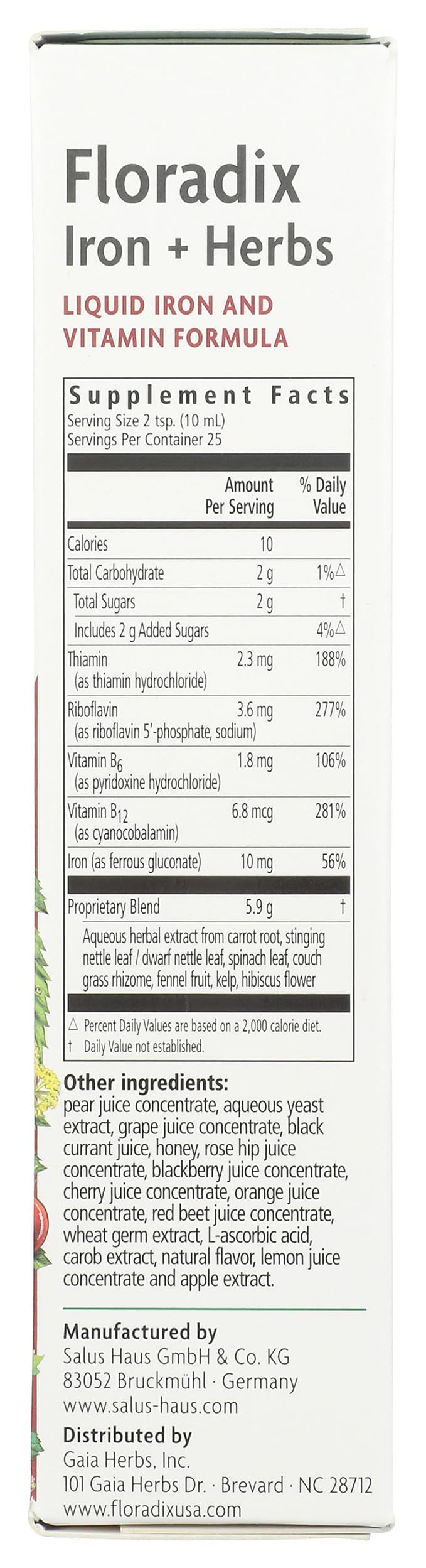 Back label on Floradix Floravital bottle highlighting ferrous gluconate and vitamins B1, B2, B6, B12 and C