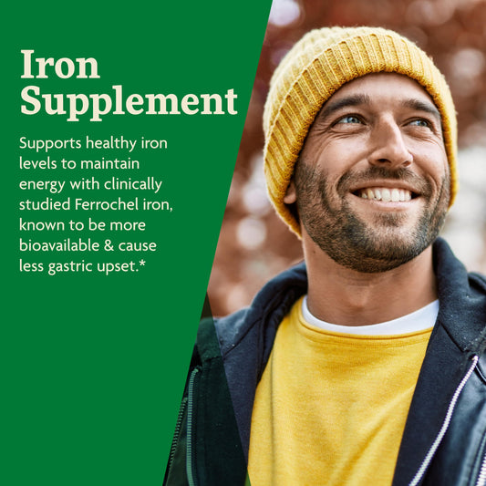 Product label of Floradix Iron + Herbs showing key benefits
