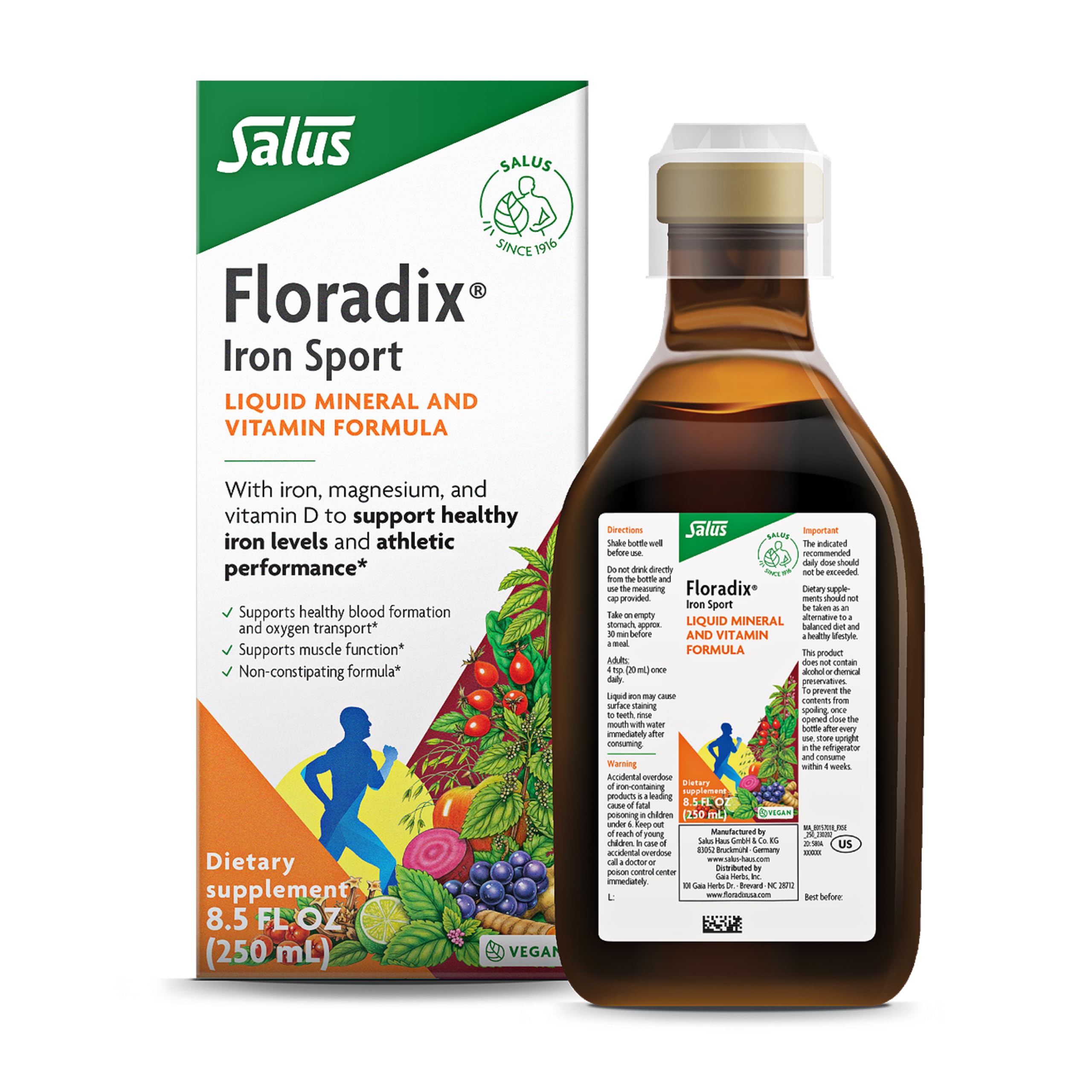 Front view of Floradix Iron Sport bottle 8.5 fl oz