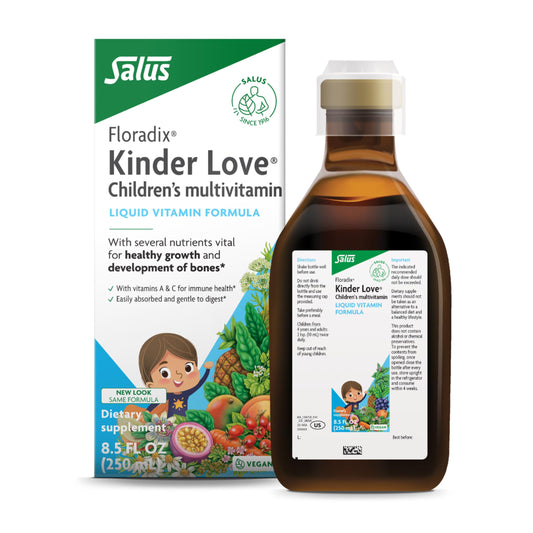 Front view of Floradix Kinder Love Children's Liquid Multivitamin bottle