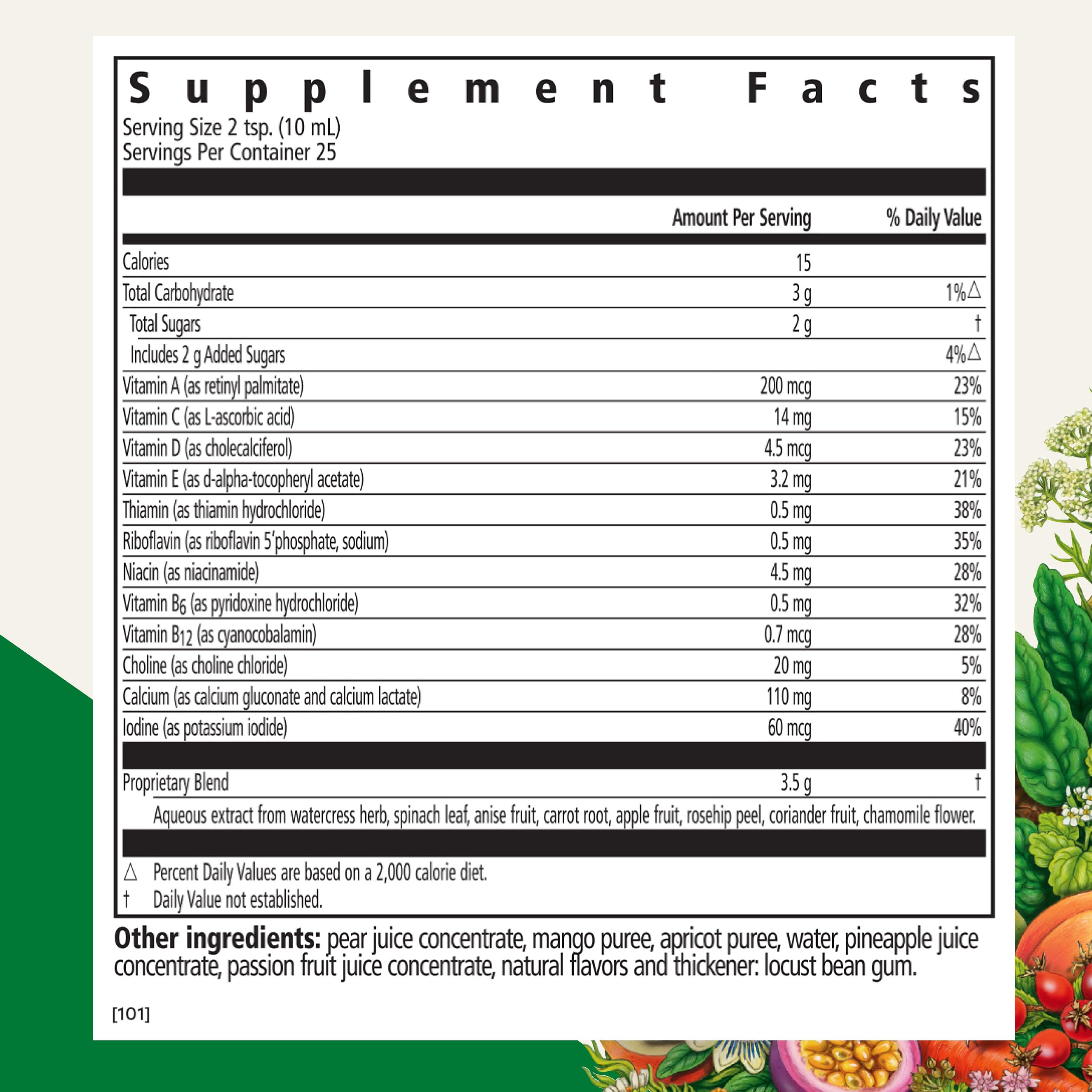 Close-up of Floradix Kinder Love bottle label highlighting vitamins