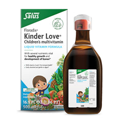 Floradix Kinder Love bottle front, kid friendly liquid multivitamin