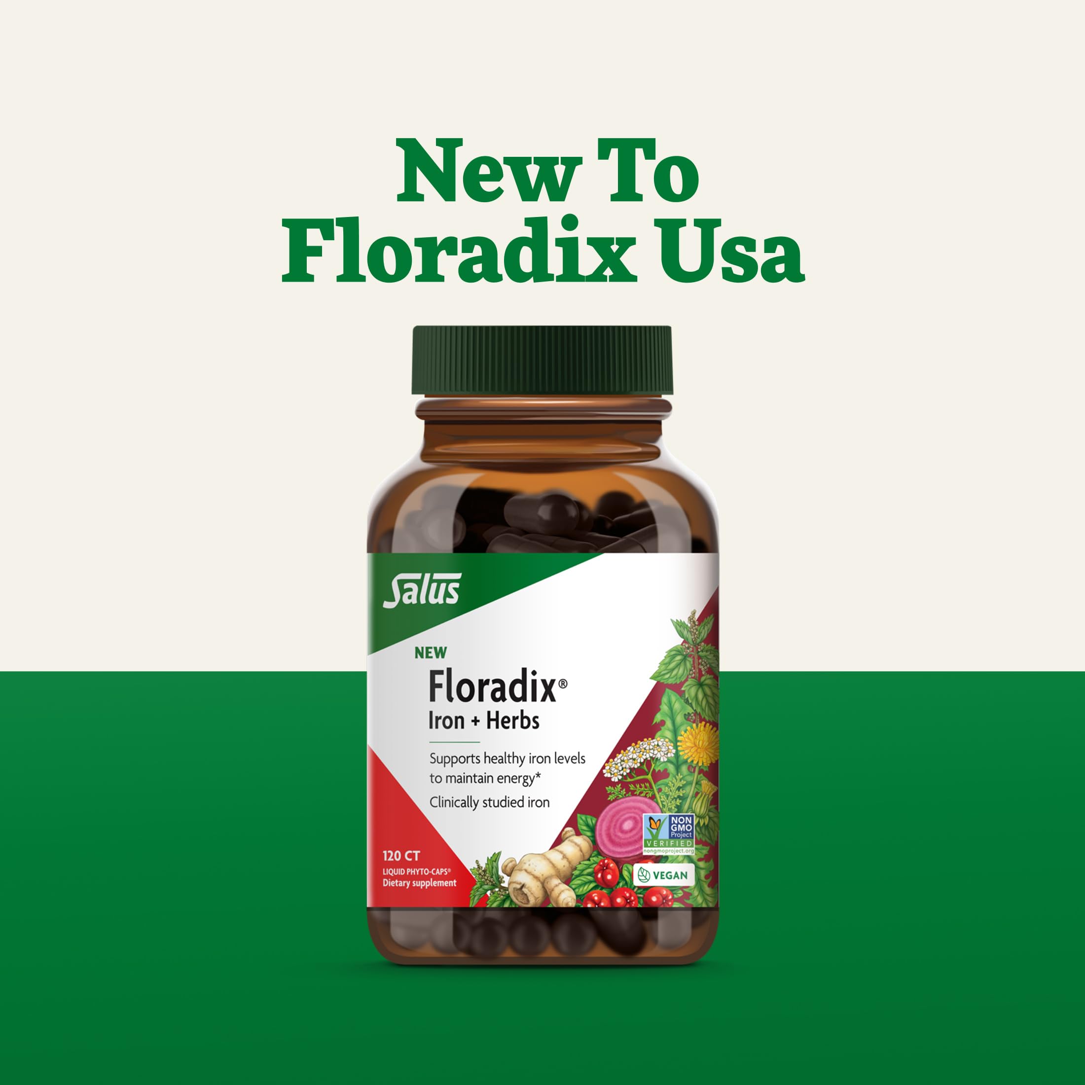 Floradix label closeup emphasizing non-GMO and gluten-free compatibility.