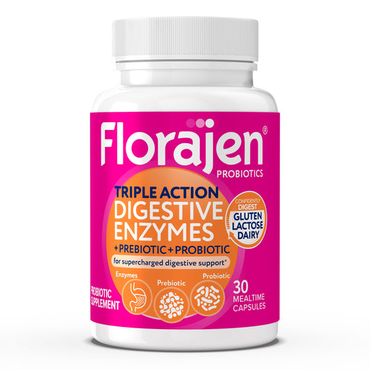 Florajen Digestive Enzymes bottle with label showing 30-count