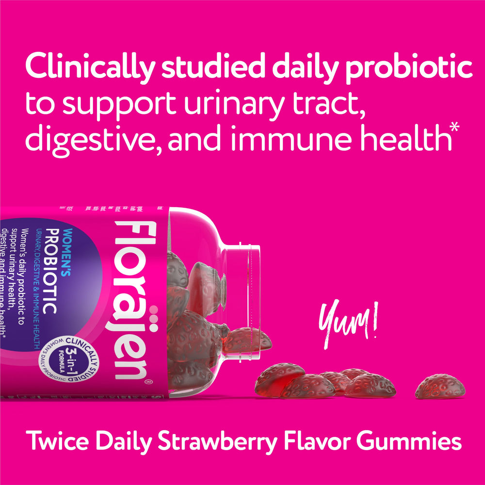 Gummy featuring triple-action formula with prebiotic, probiotic, cranberry