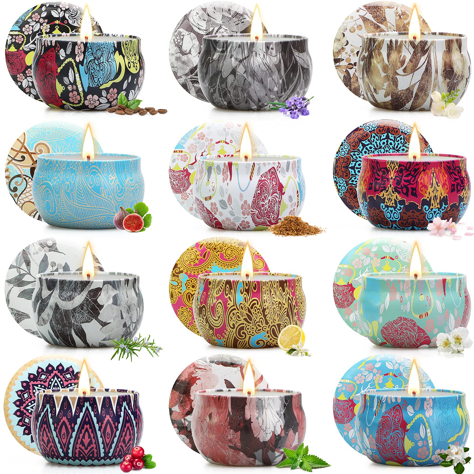 12-pack scented floral candles set in decorative jars
