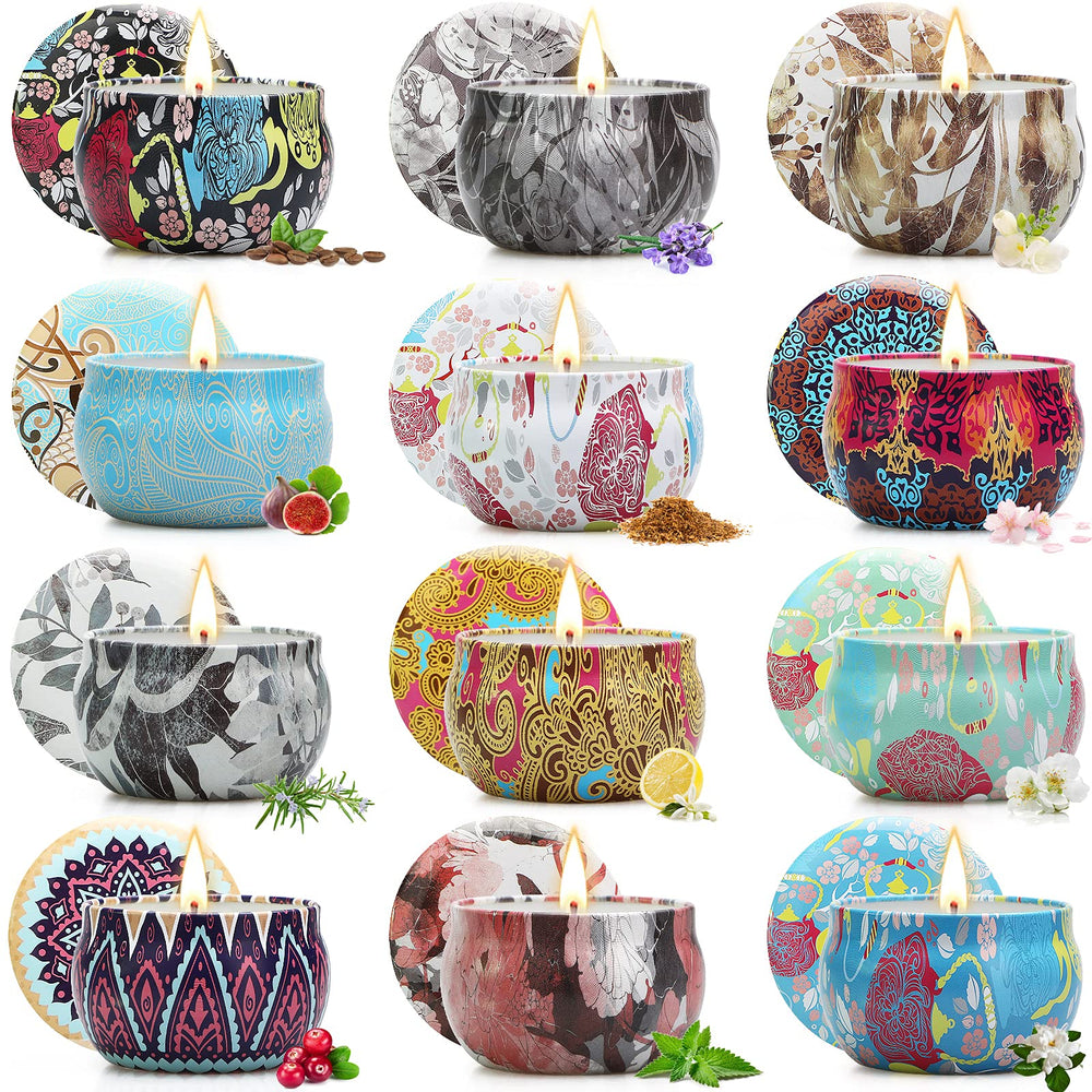 12-pack scented floral candles set in decorative jars
