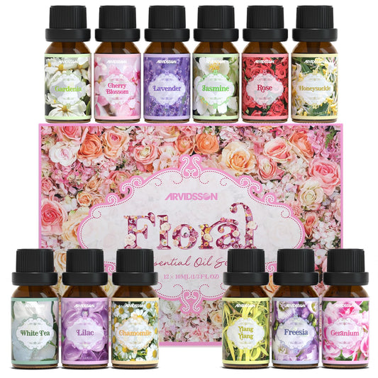 ARVIDSSON Floral Essential Oils Set bottles displayed with floral accents