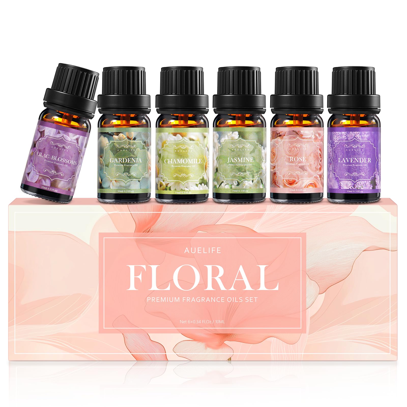 Boxed set of six floral essential oils for diffusers