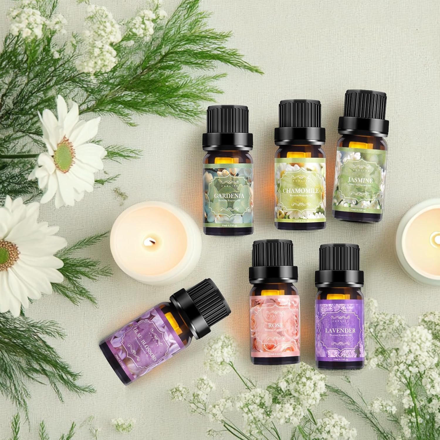 Lilac essential oil bottle with blossoms
