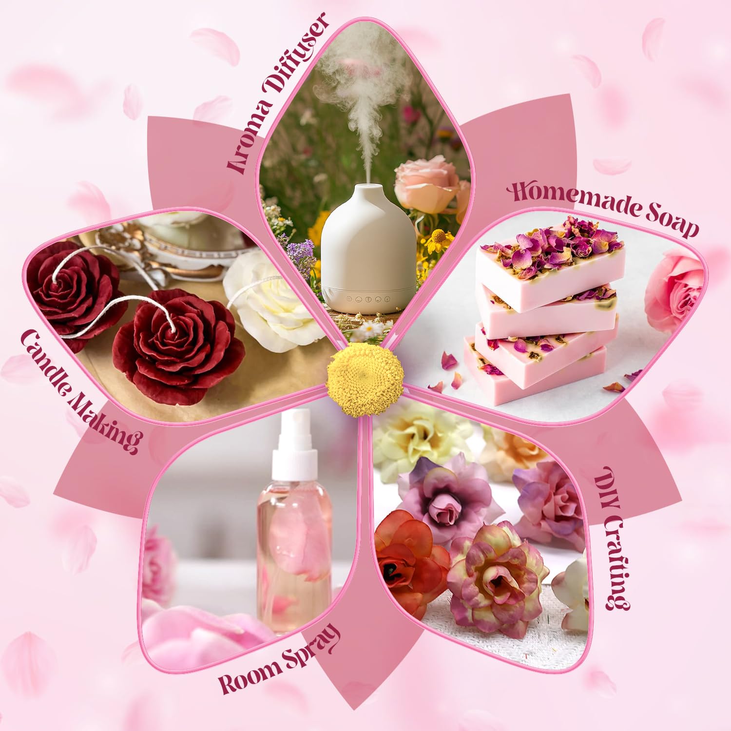 Rose essential oil bottle with rose petals