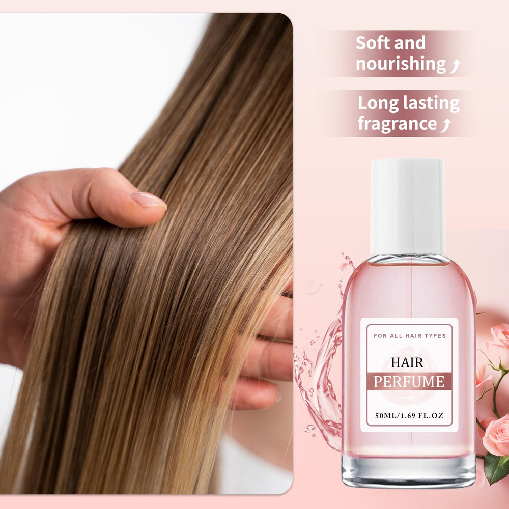 Packaging of Floral Rose Hair Perfume highlights a compact travel-friendly design.