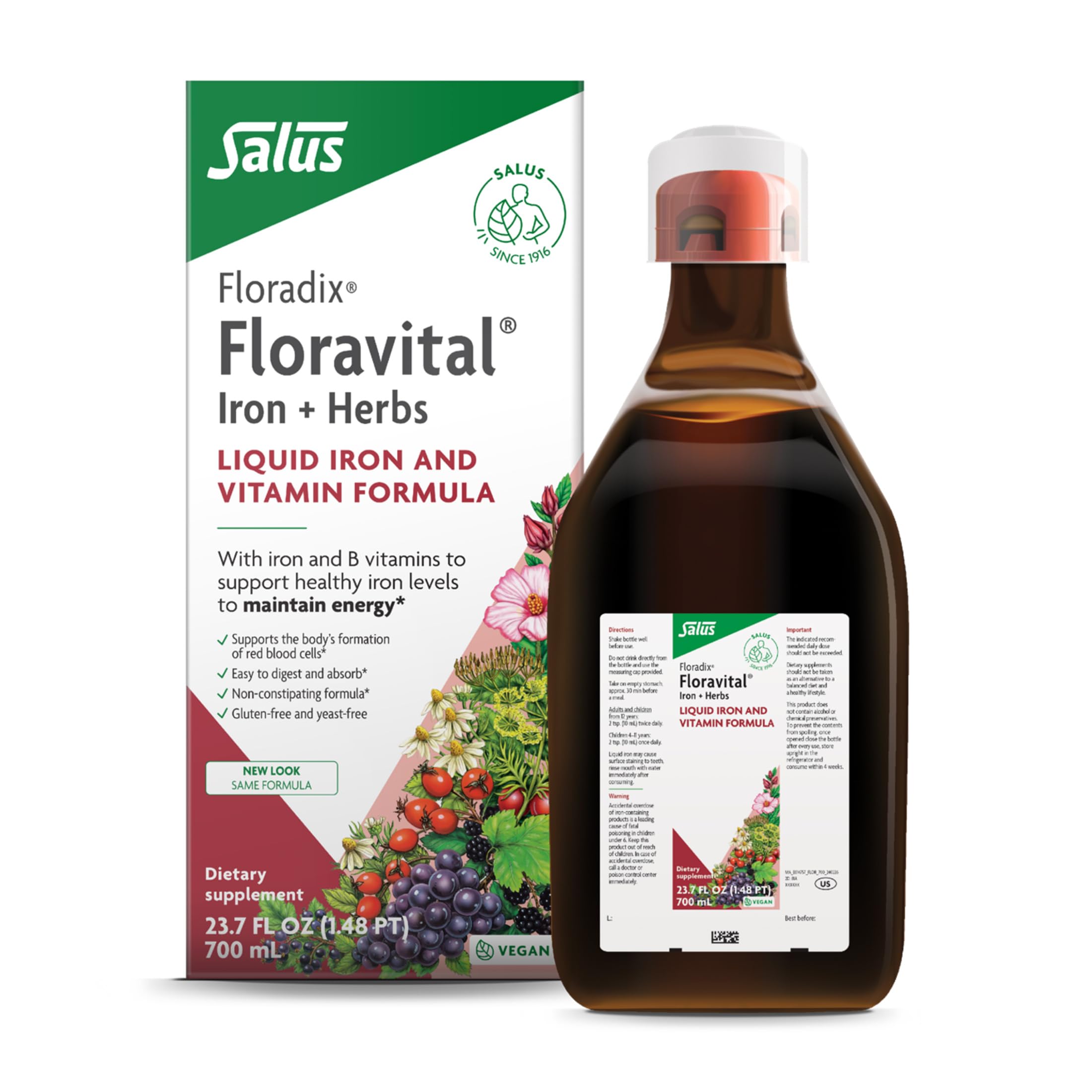 Floravital bottle front label highlighting vegan iron formula for daily energy support