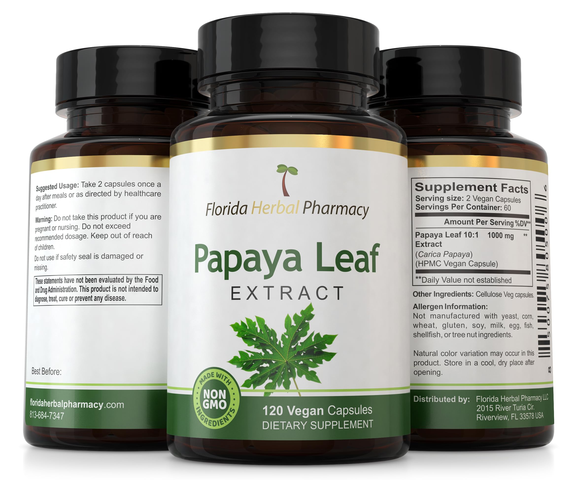 Packaging indicating GMP certified, non-GMO Papaya Leaf Extract capsules