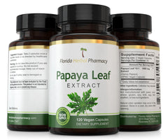 Packaging indicating GMP certified, non-GMO Papaya Leaf Extract capsules