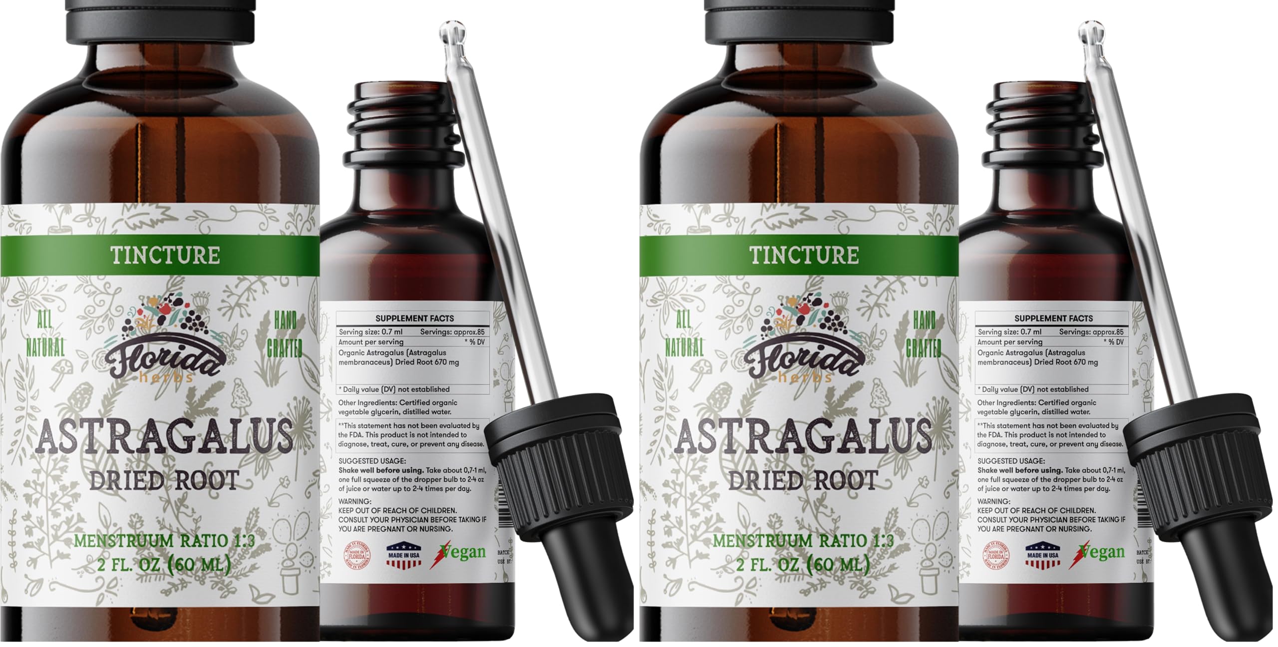 Florida Herbs Astragalus Tincture bottle label - Organic, 700 mg per serving, 2 oz (60 ml)