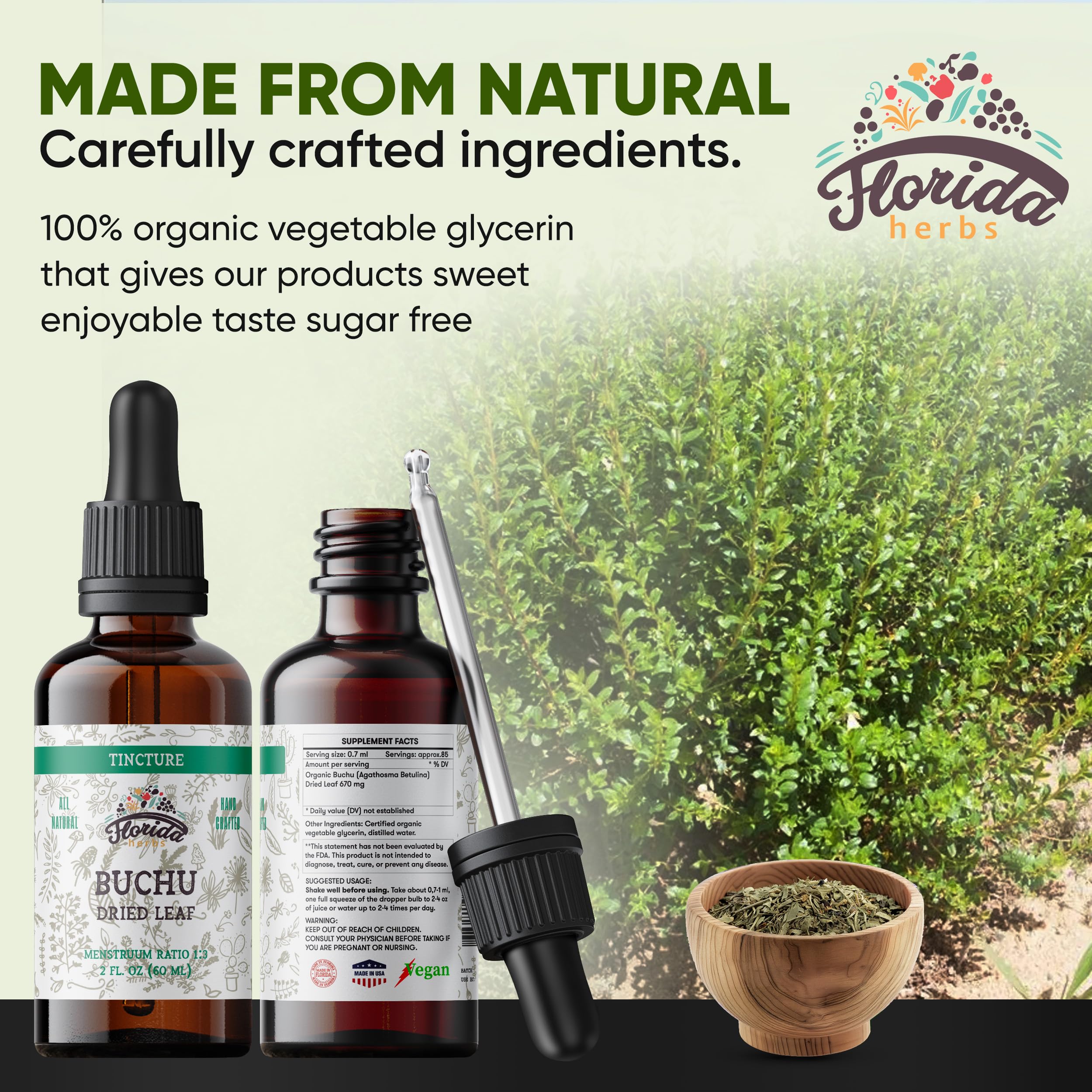 Organic buchu leaves and glycerin used in tincture