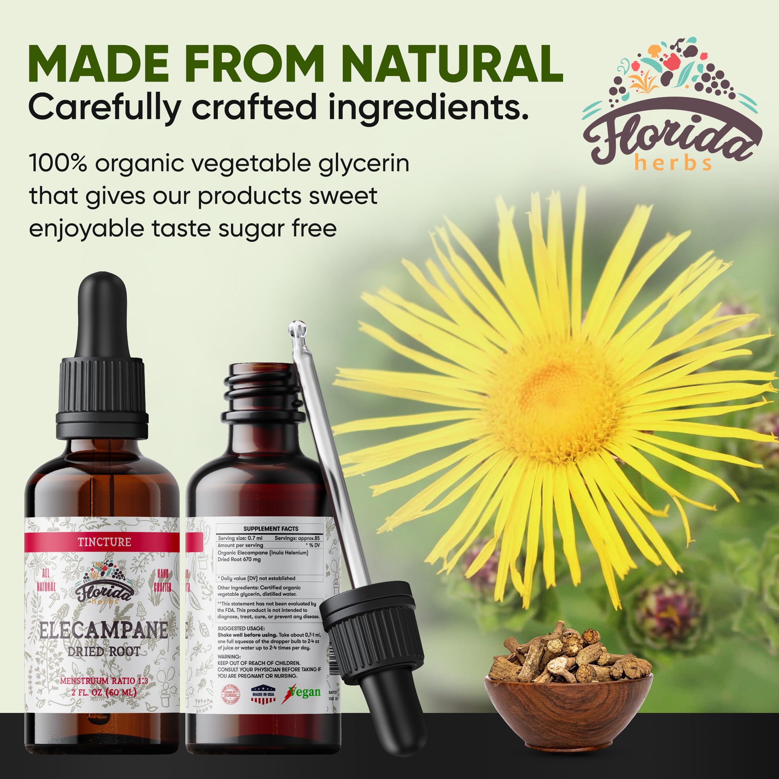 Elecampane tincture in glass bottle with dropper