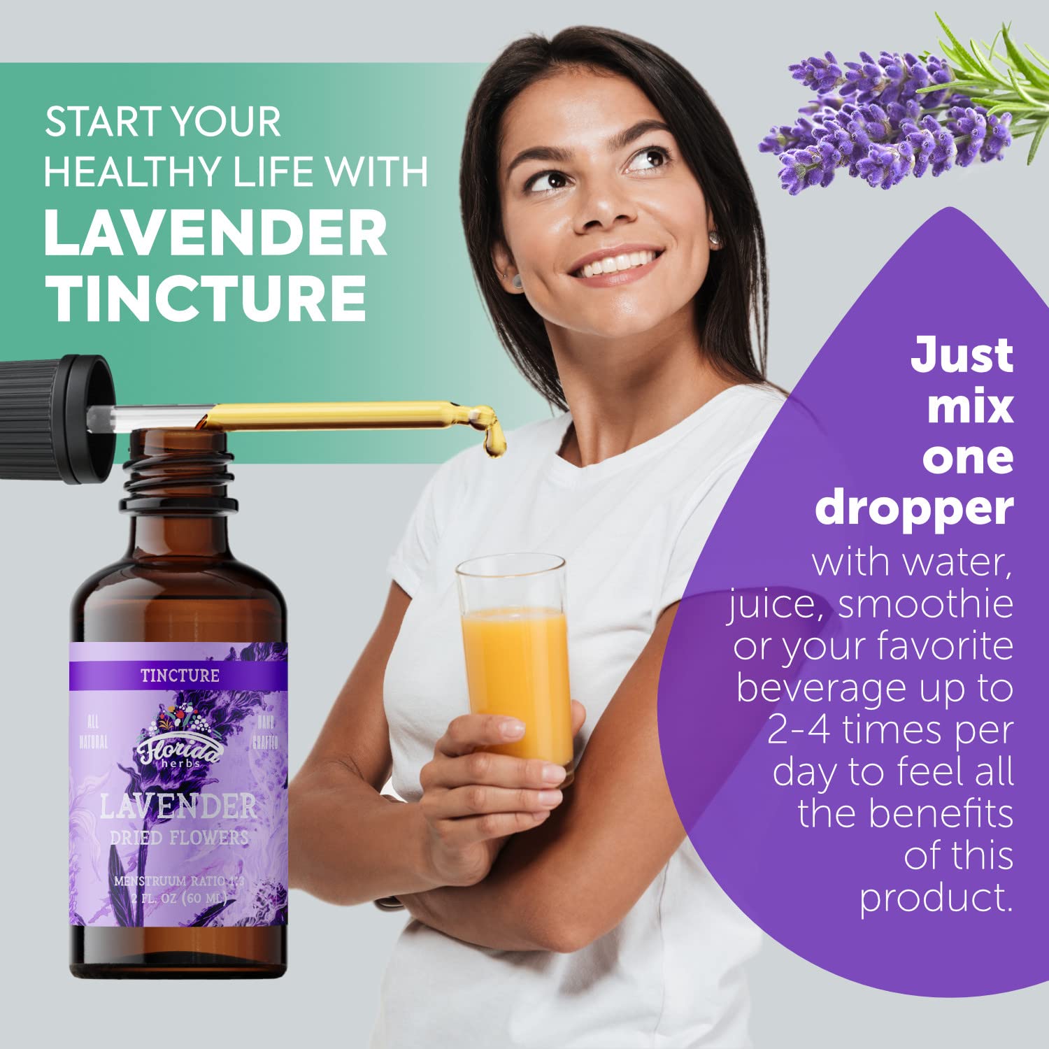Close-up of Florida Herbs Lavender Liquid Extract bottle with dropper
