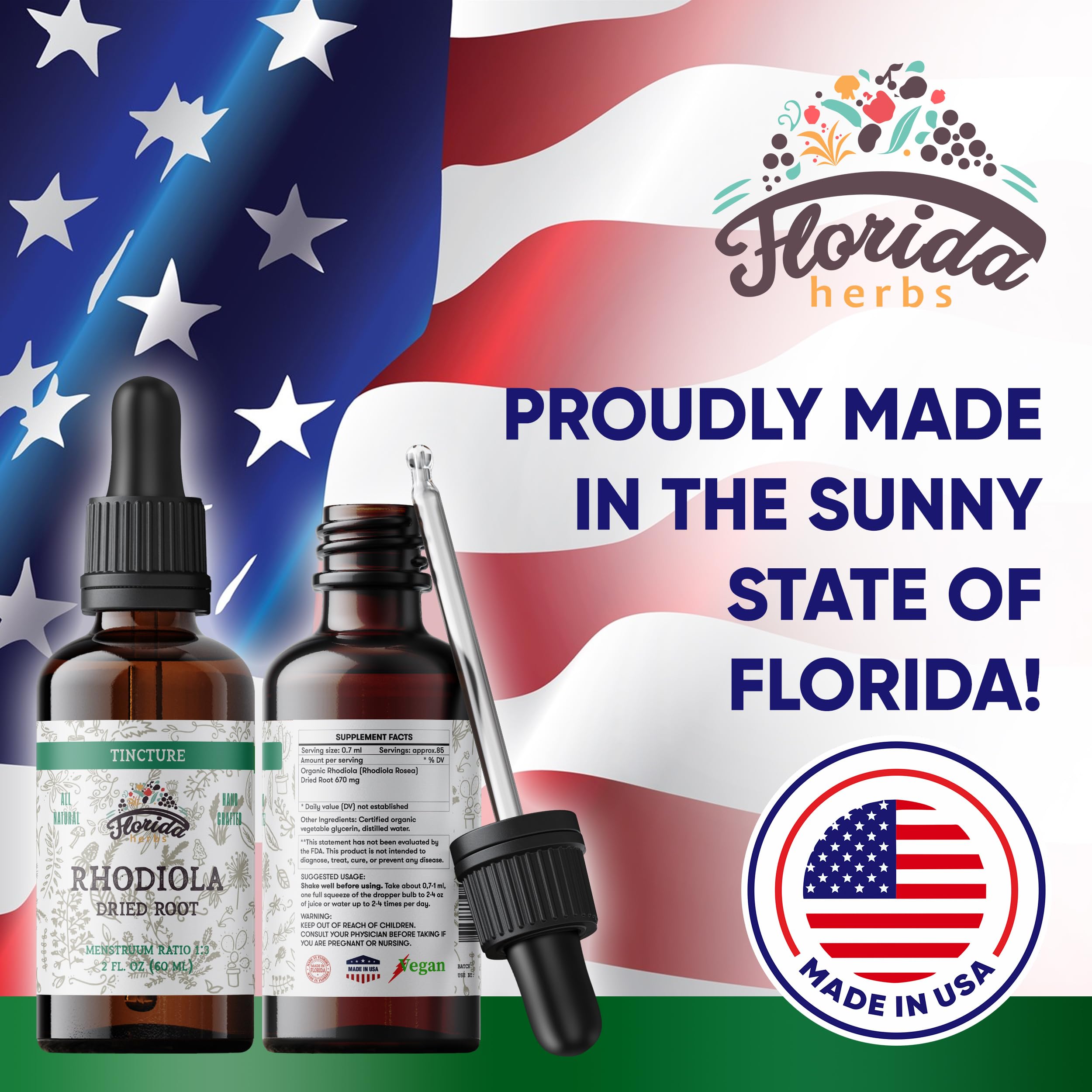 2 oz bottle packaging of Florida Herbs Rhodiola Tincture with dropper