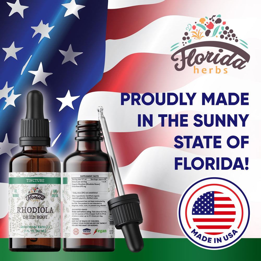2 oz bottle packaging of Florida Herbs Rhodiola Tincture with dropper