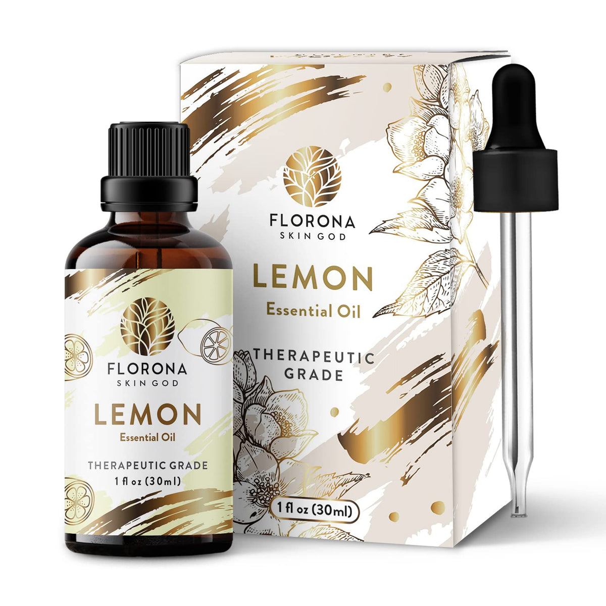 Florona Lemon Essential Oil bottle with dropper for precise use and vibrant citrus aroma.