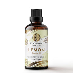 Florona lemon essential oil dropper placed beside bottle for easy measured drops.
