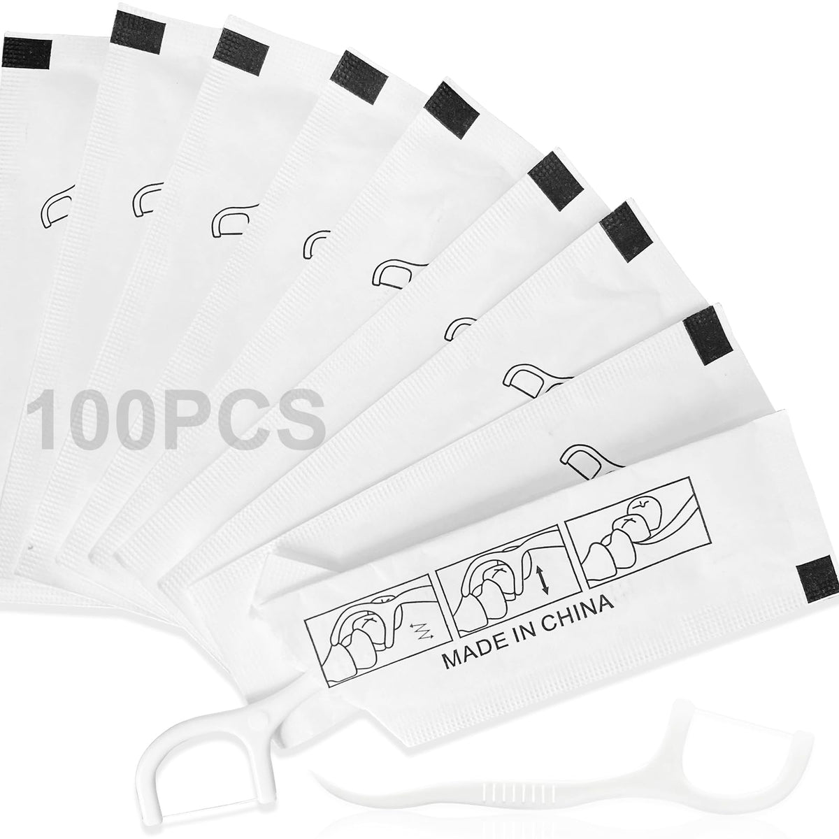 100 count individually wrapped floss picks in recycled paper packaging