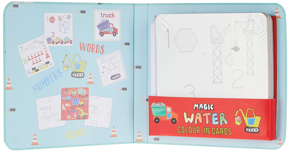 Magic water designs appearing and drying on construction cards