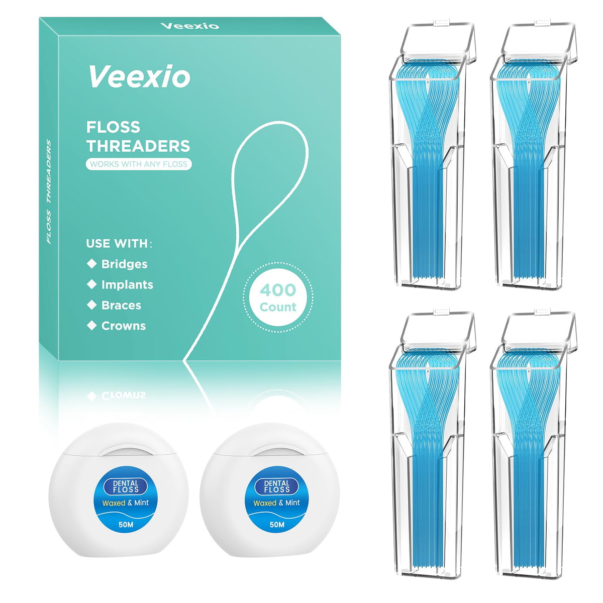 400-count floss threaders set in a 4-pack