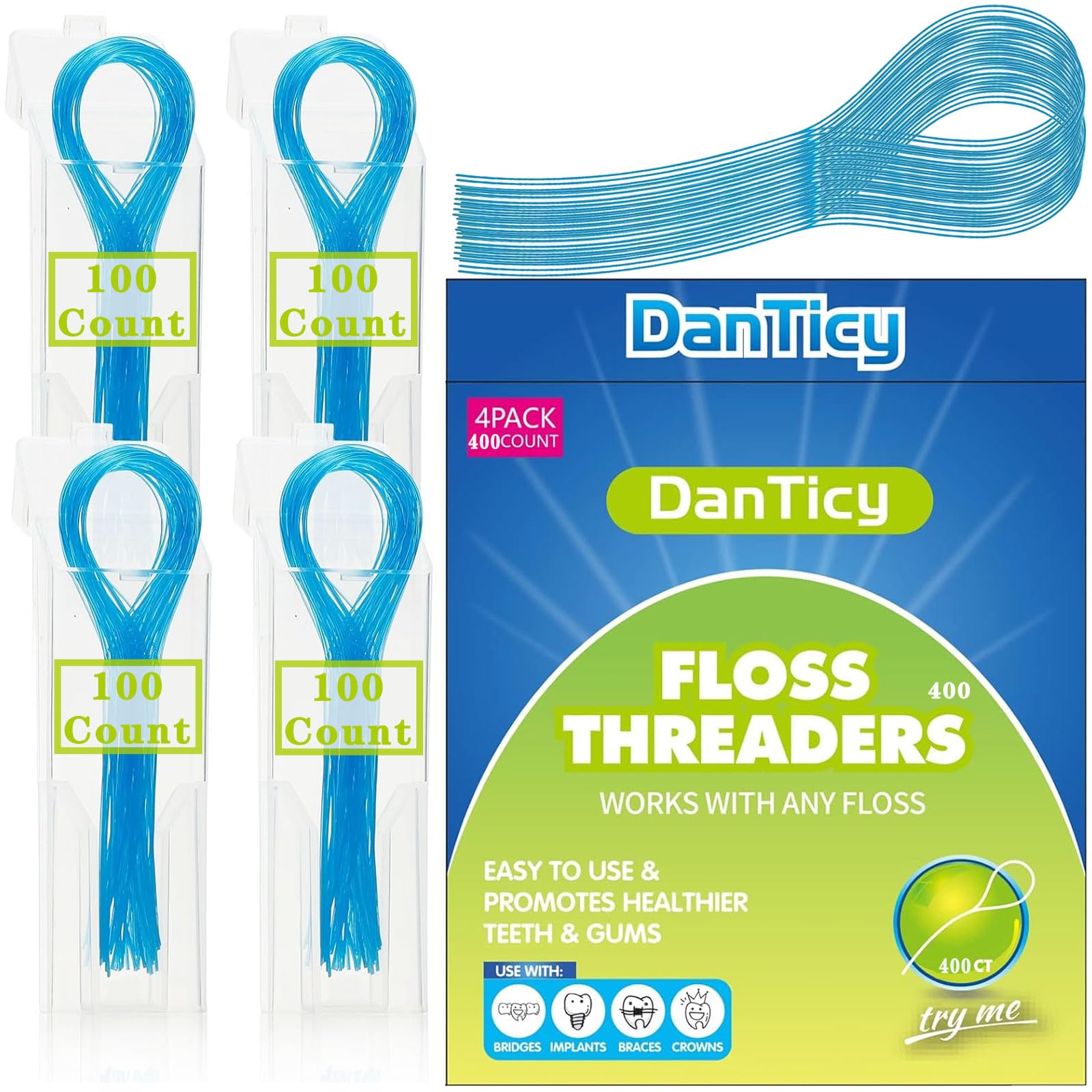 Four packs of floss threaders in a 400-piece set