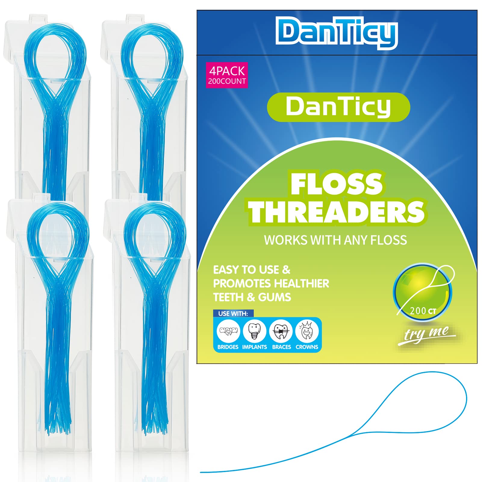 Nylon floss threader with flexible tip for braces and implants