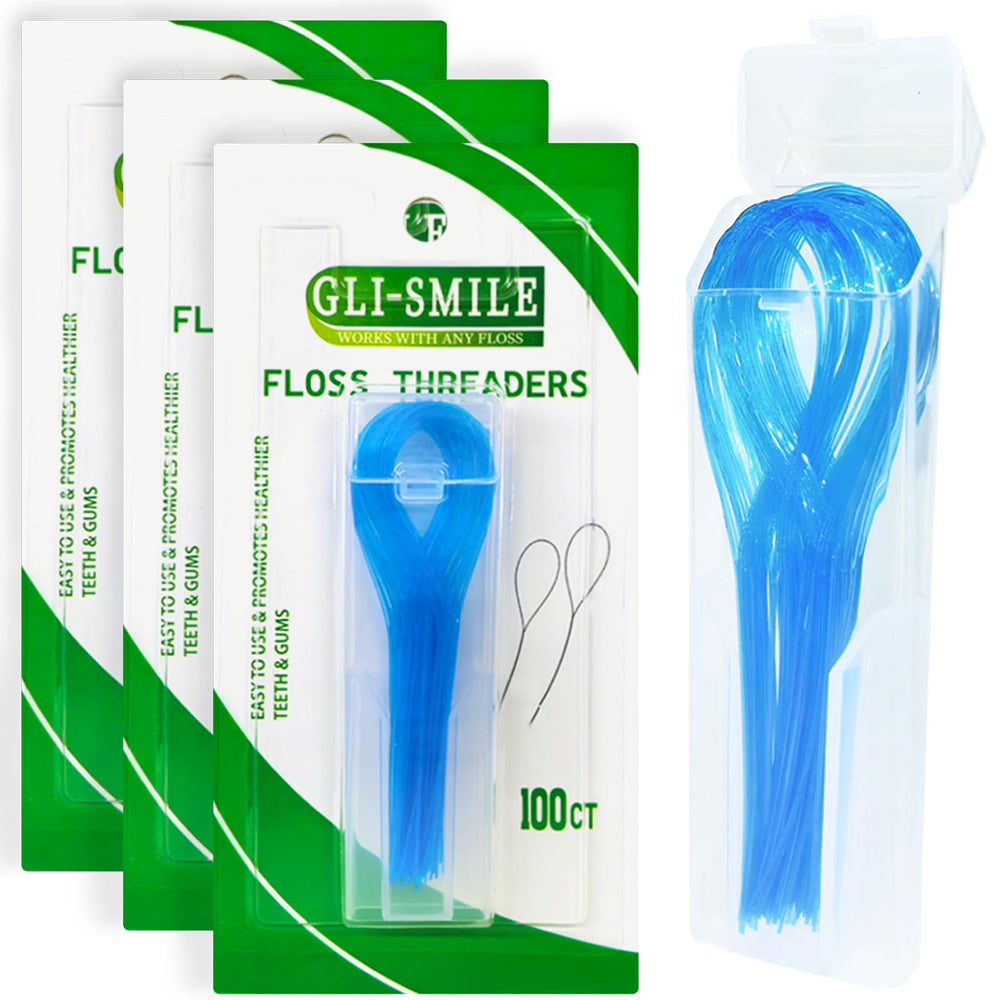 Three-pack box of floss threaders for orthodontic care