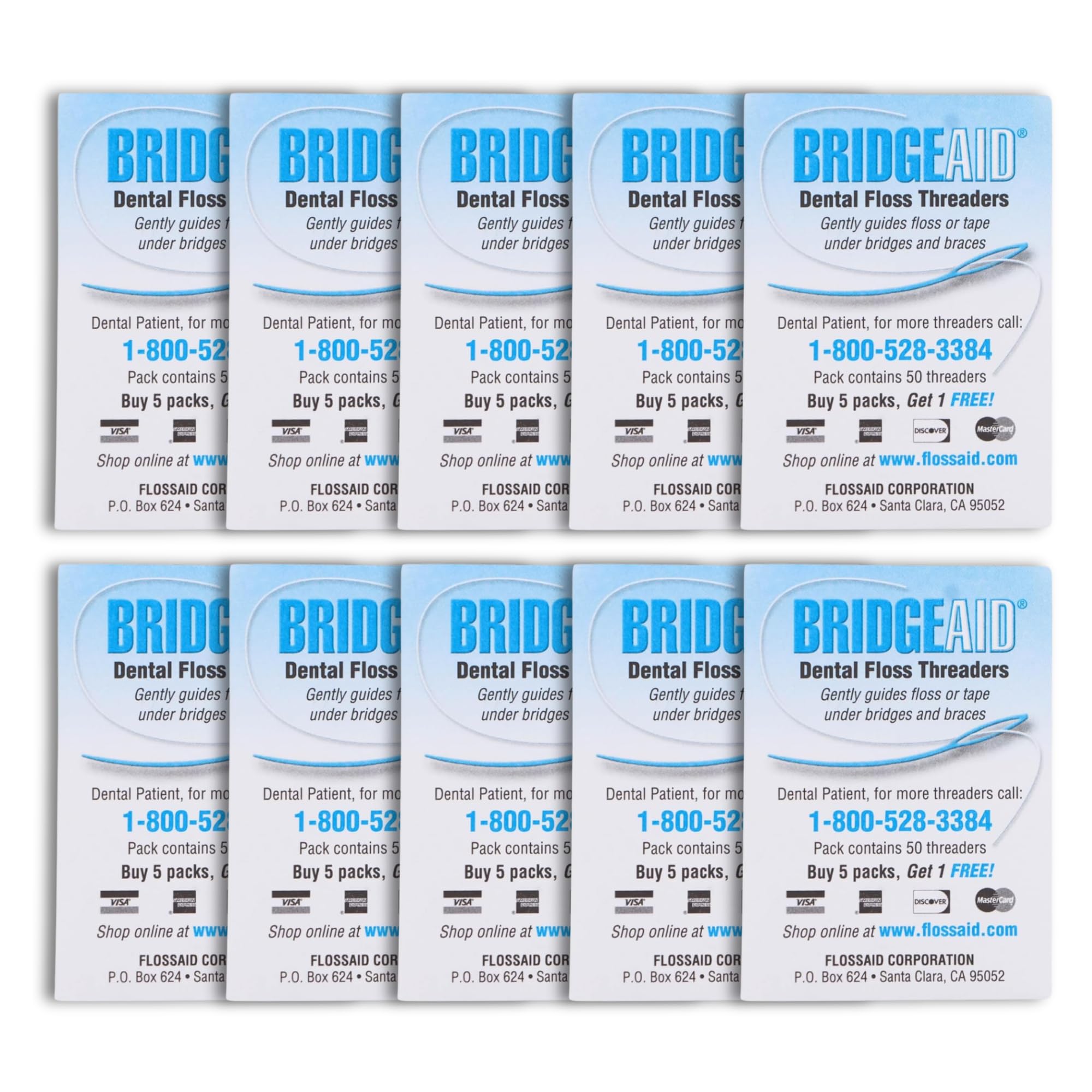 Two packs of FLOSSAID BridgeAid Threaders (50 each) totaling 100 threaders.