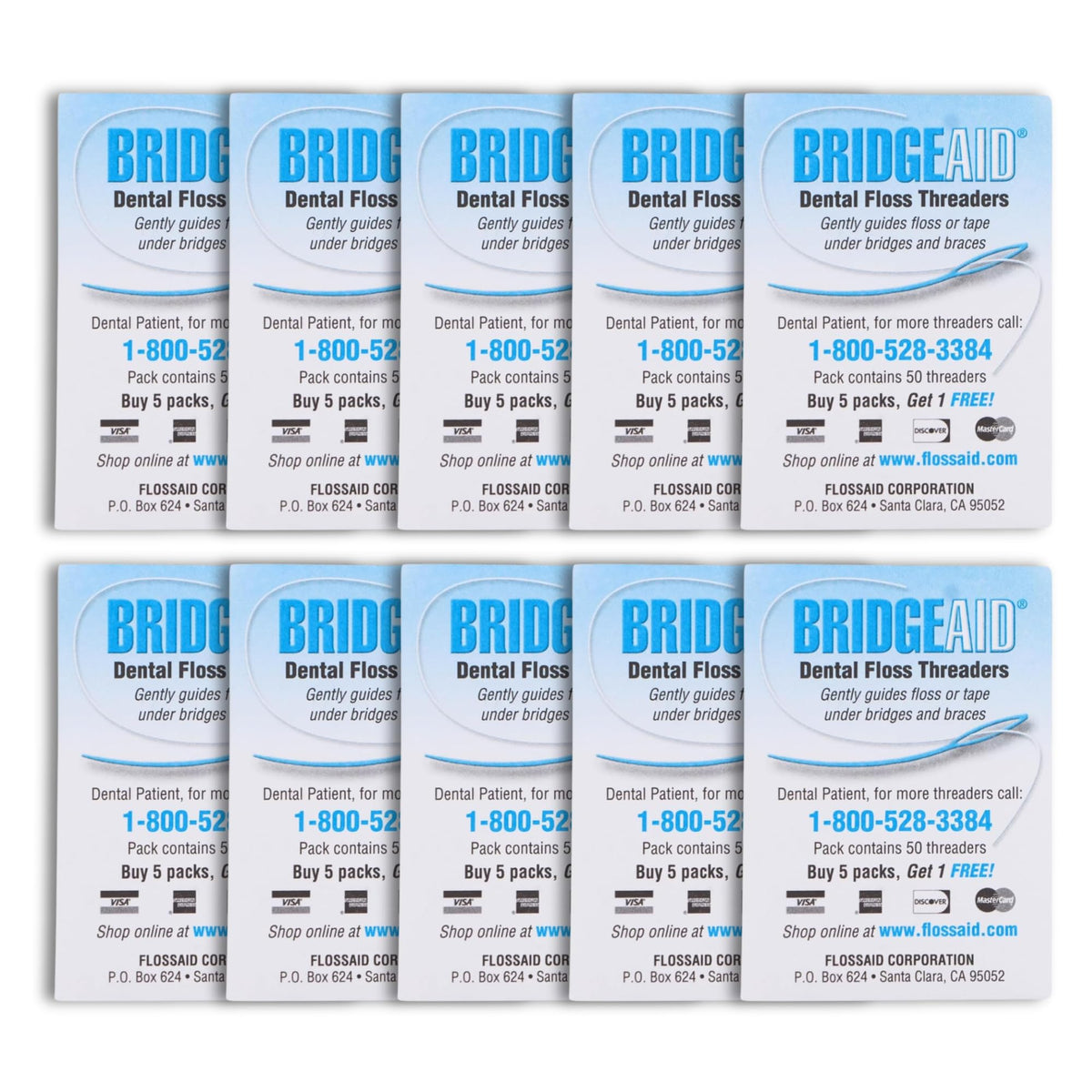 Two packs of FLOSSAID BridgeAid Threaders (50 each) totaling 100 threaders.