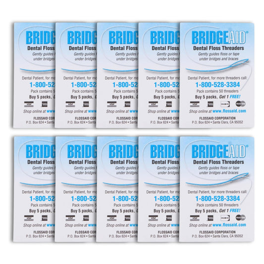 Two packs of FLOSSAID BridgeAid Threaders (50 each) totaling 100 threaders.