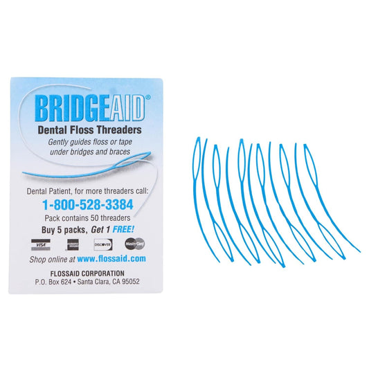 Close-up of FLOSSAID BridgeAid Threader used for flossing under braces.