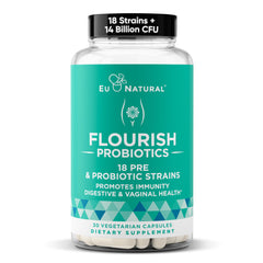 Bottle of Flourish Probiotics for women's urinary and gut health