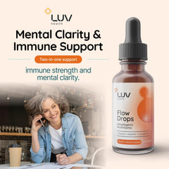 Mushroom blend including Lion's Mane, Cordyceps, and Reishi for Flow Drops