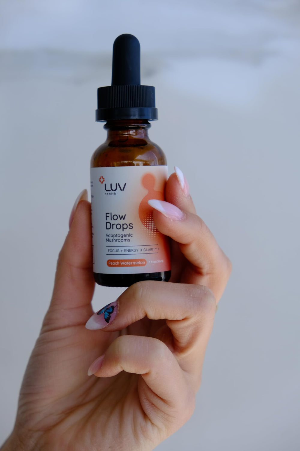 Flow Drops packaging label with ingredients and certifications