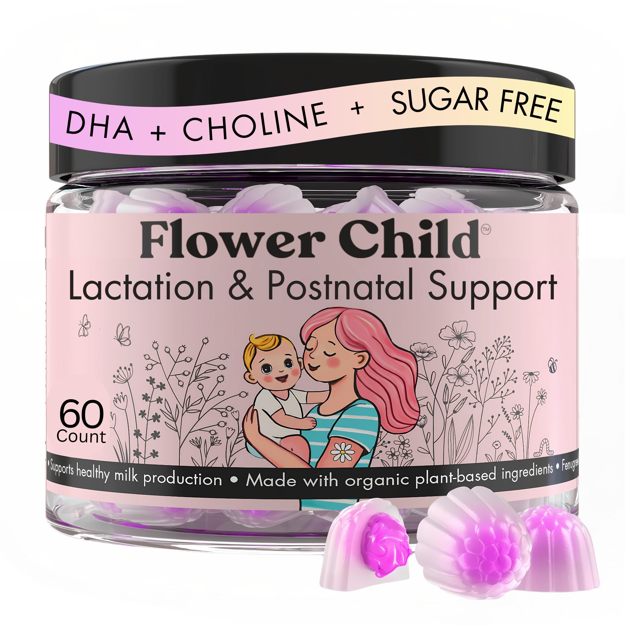 Flower Child Lactation Gummies for milk supply with 60-count bottle