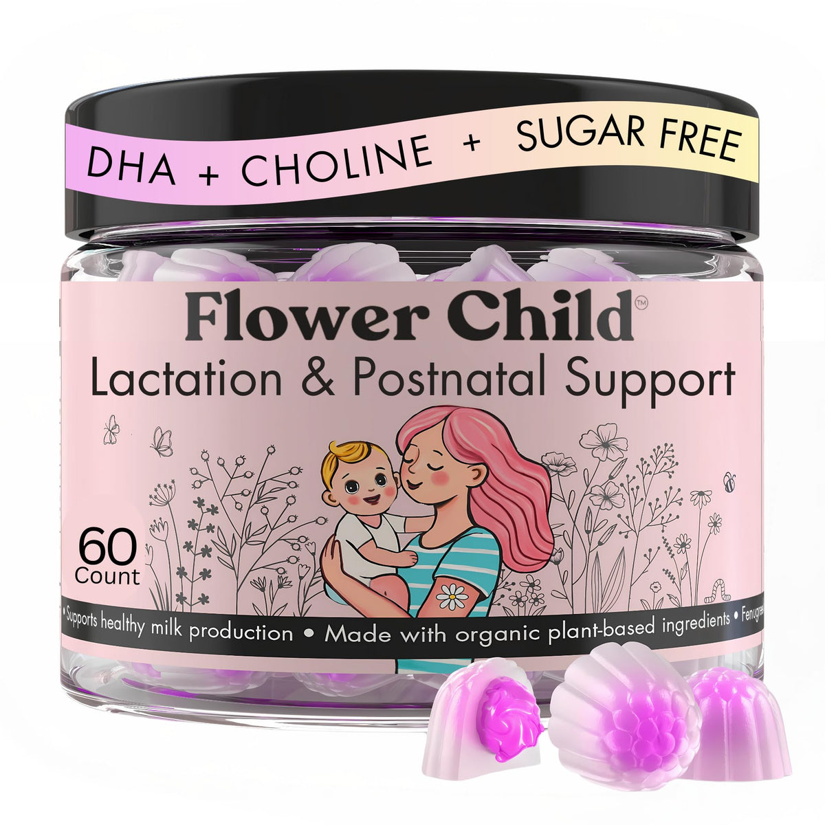 Flower Child Lactation Gummies for milk supply with 60-count bottle