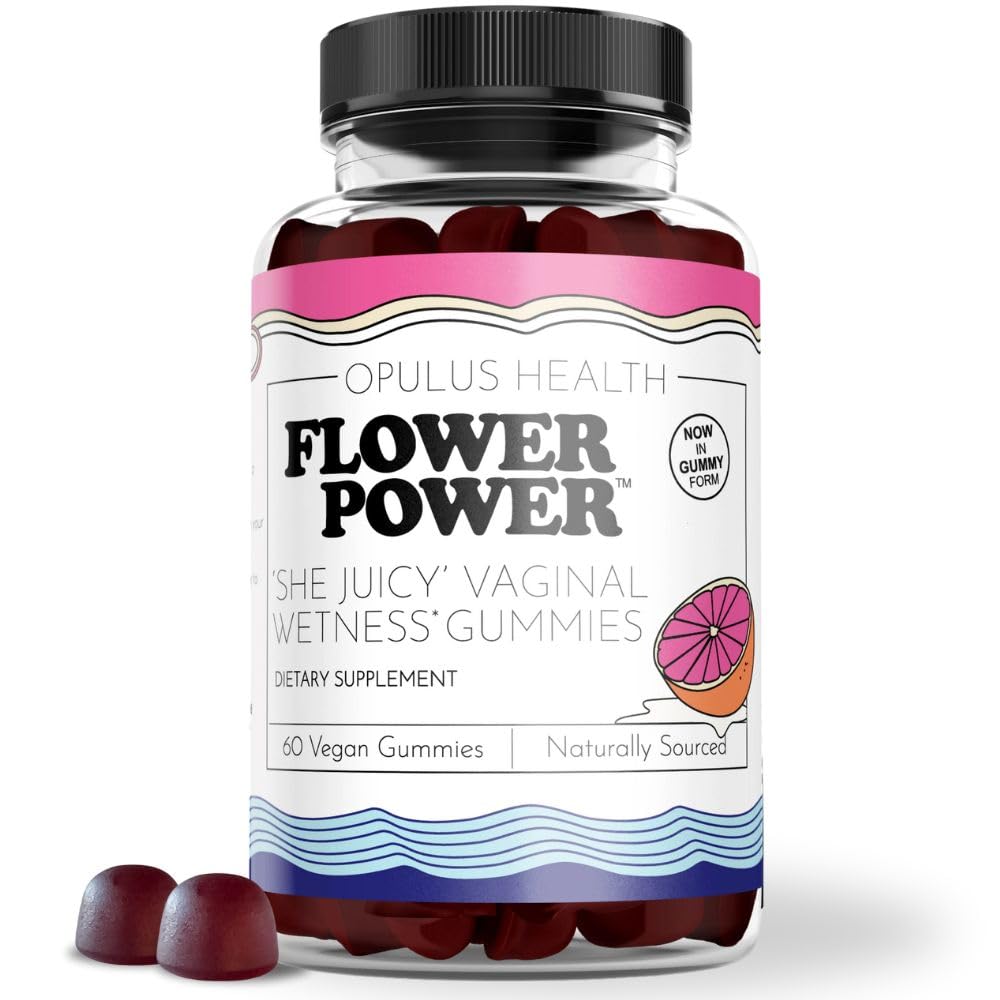 Flower Power She Juicy Gummies bottle shows blueberry-flavored vaginal moisture support.