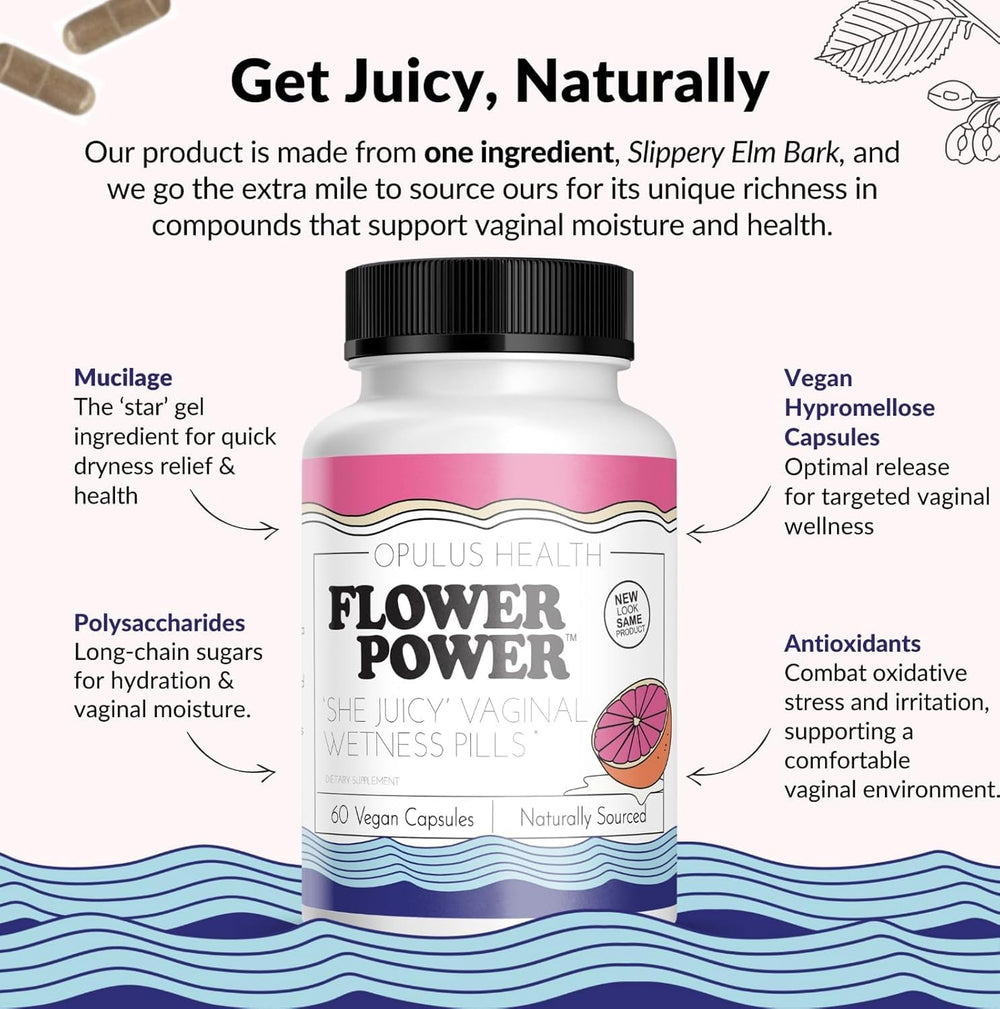 Flower Power Slippery Elm Bark capsule reveals natural moisture-supporting ingredient.