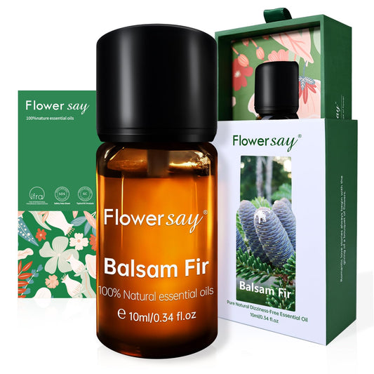 Front view of FLOWERSAY Balsam Fir Essential Oil 0.34oz bottle