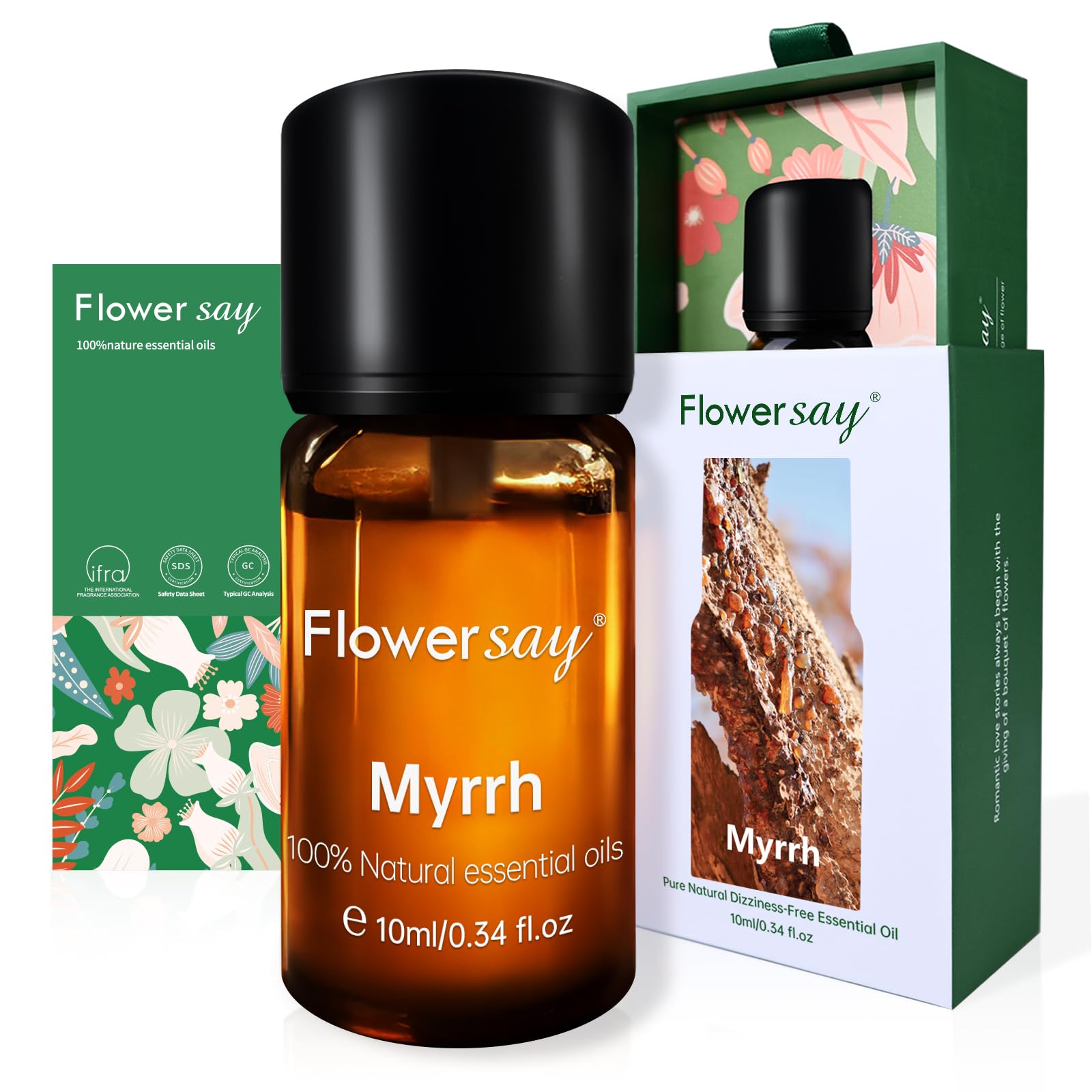 FLOWERSAY Myrrh essential oil bottle with dark glass dropper