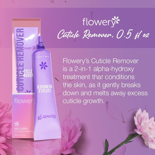 Flowery Cuticle Remover applied on nails before and after for a cleaner look.