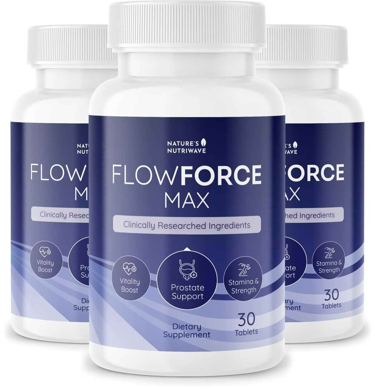 FlowForceMax herbal support bottle with 30 vanilla chewable tablets
